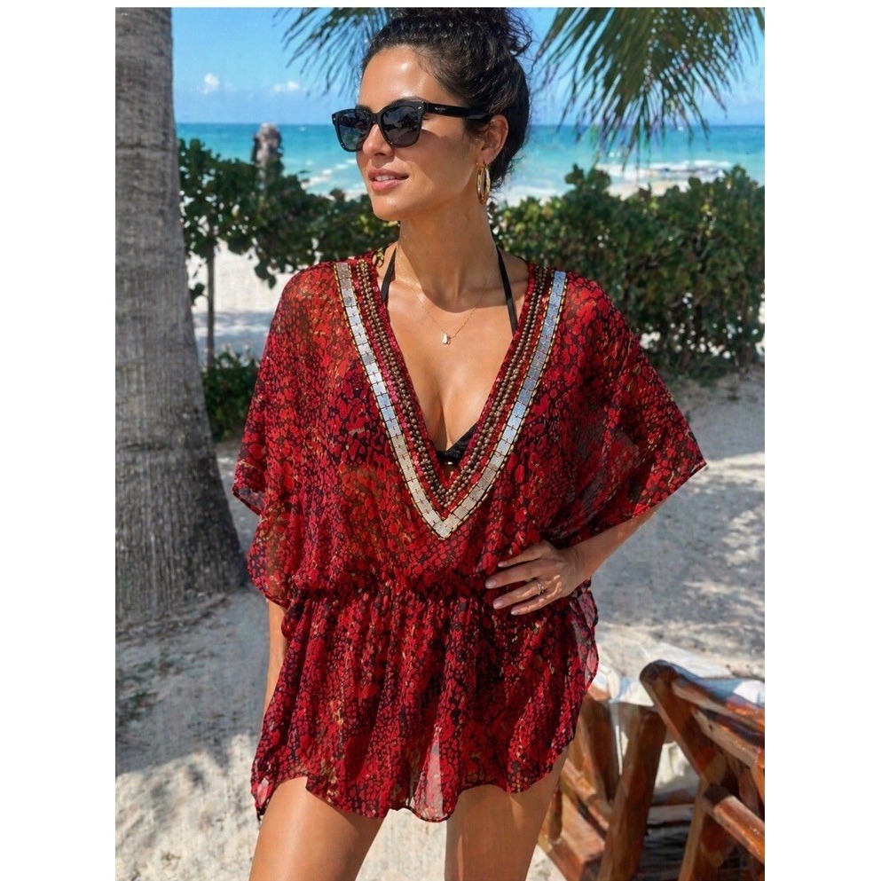 Ingear Beaded Tunic Caftan Top Red Black Sheer Cover Up Boho Small